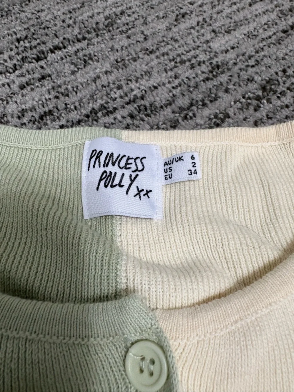 Princess Polly Two-Tone Cropped Knit Cardigan in Sage & Cream - Picture 2 of 6